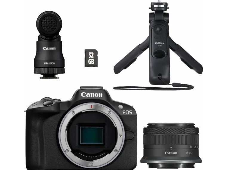 Canon EOS R50 - Content Creator Kit - digitalkamera - spejlløst - 24.2 MP - APS-C - 4K / 30 fps - 2.5x optisk zoom RF-S 18-45 mm F4.5-6.3 IS STM objektiv - Wi-Fi, Bluetooth - sort