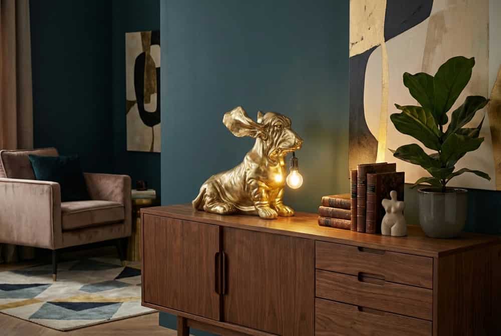 Handgefertigte Tischlampe DACKEL 70cm gold Hunde-Skulptur