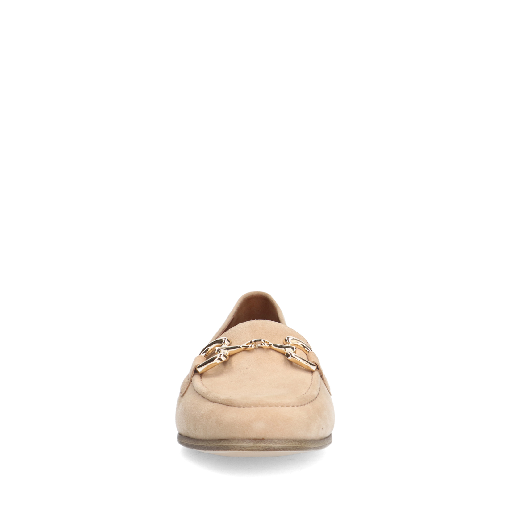 Beige suède loafers met gouden chain