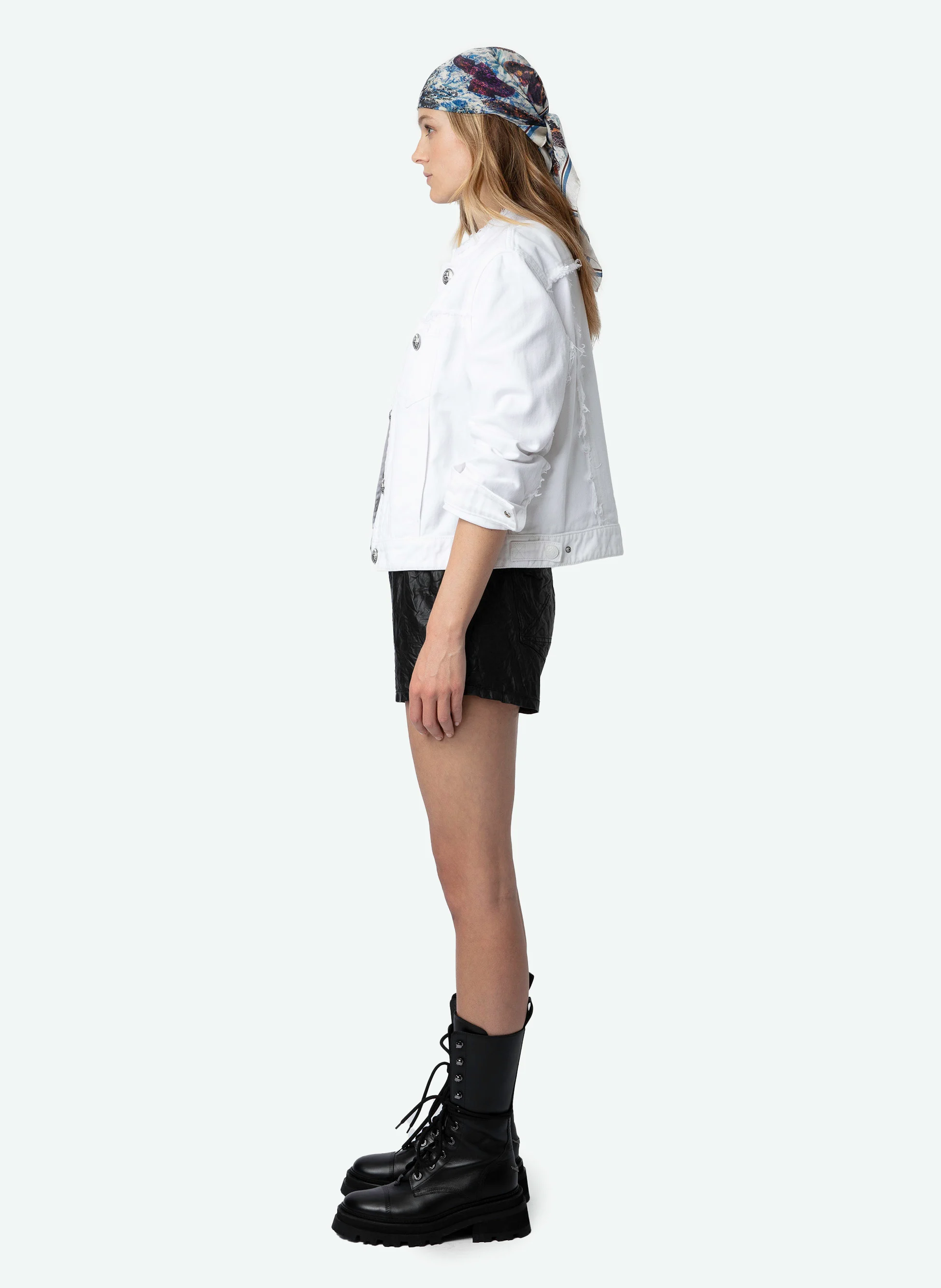 KAELY - Veste col rond brodée en denim| Blanc