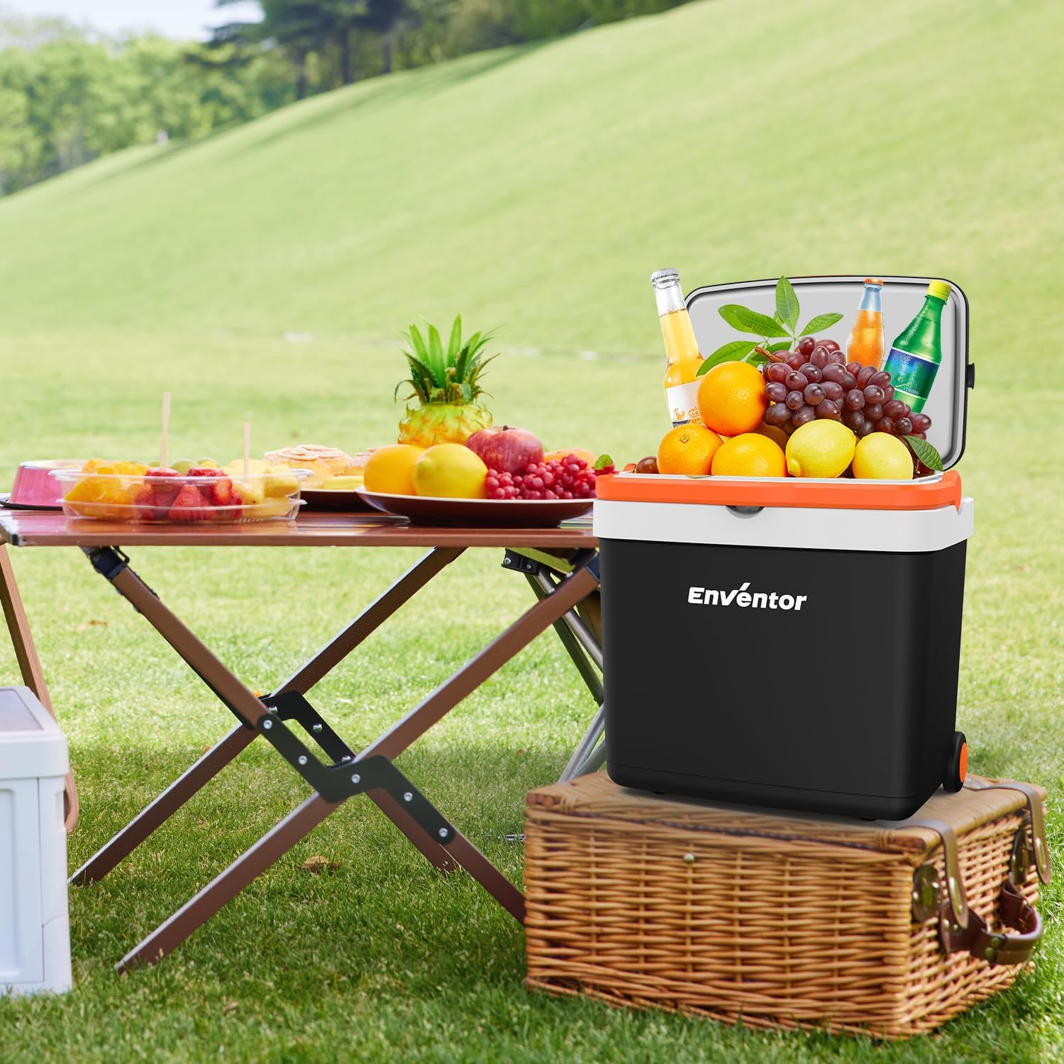 Enventor Kühlbox 33 Liter, Elektrische Kühlbox mit Rollen & Verlängerter Griff, Gefrierbox zum Warmhalten und Kühlen, 12V 230V, ECO Modus, Kühlschrank für Auto, Camping und Boot
