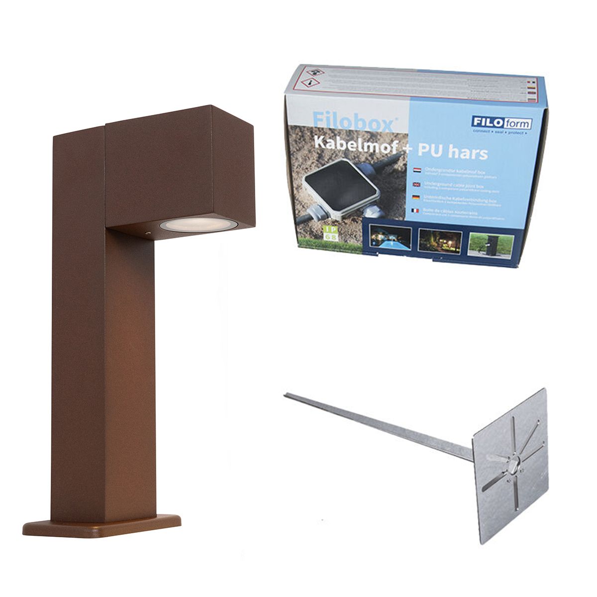 Buitenlamp roestbruin met grondpin en kabelmof 30cm IP44 - Baleno
