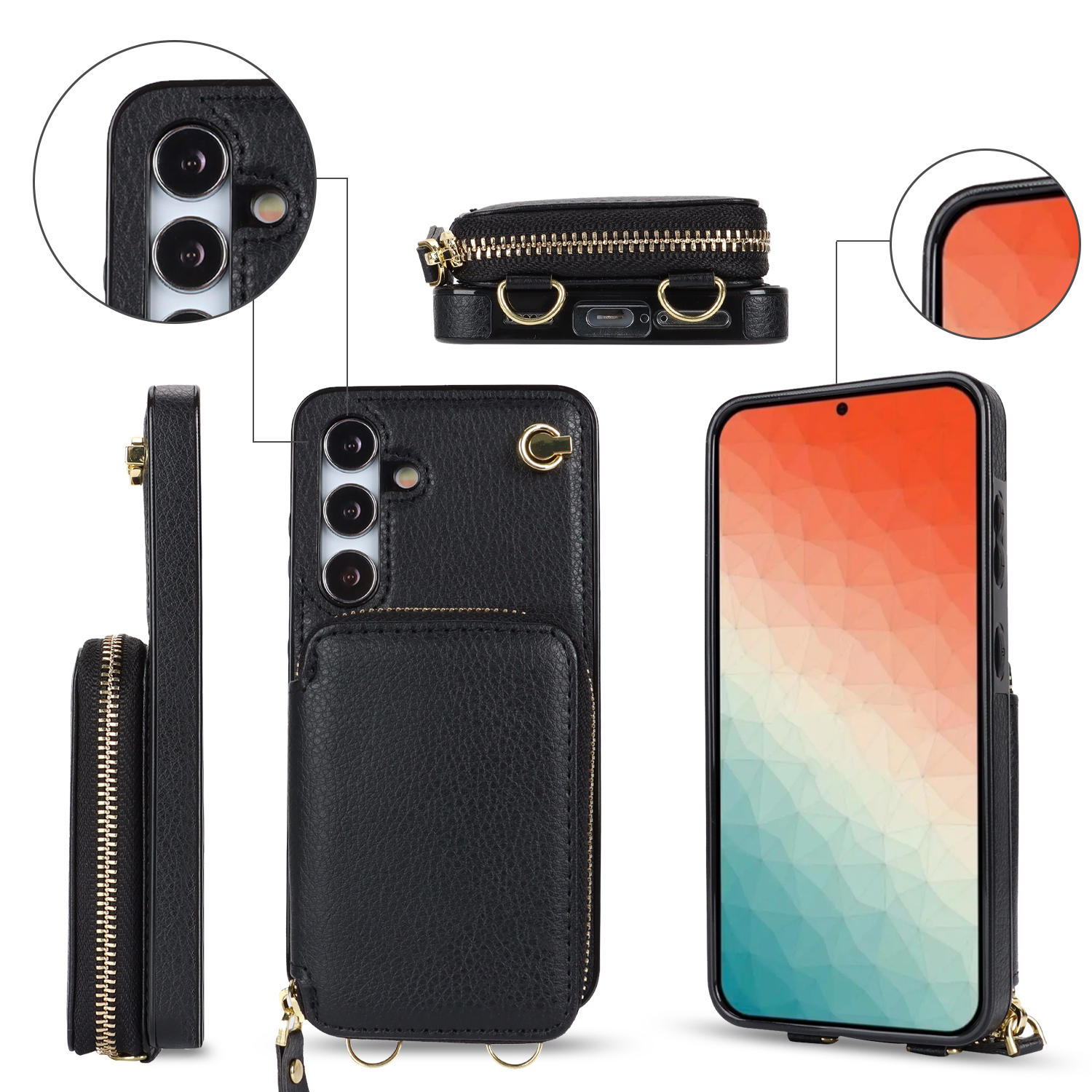 Samsung Galaxy S24 Necklace Leder Schutz Hülle mit Kartenfächer   Handykette (140cm) - Schwarz