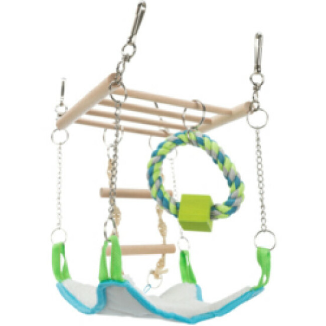 Jeu pont suspendu corde/bois avec hamac et jouets pour rongeurs Trixie