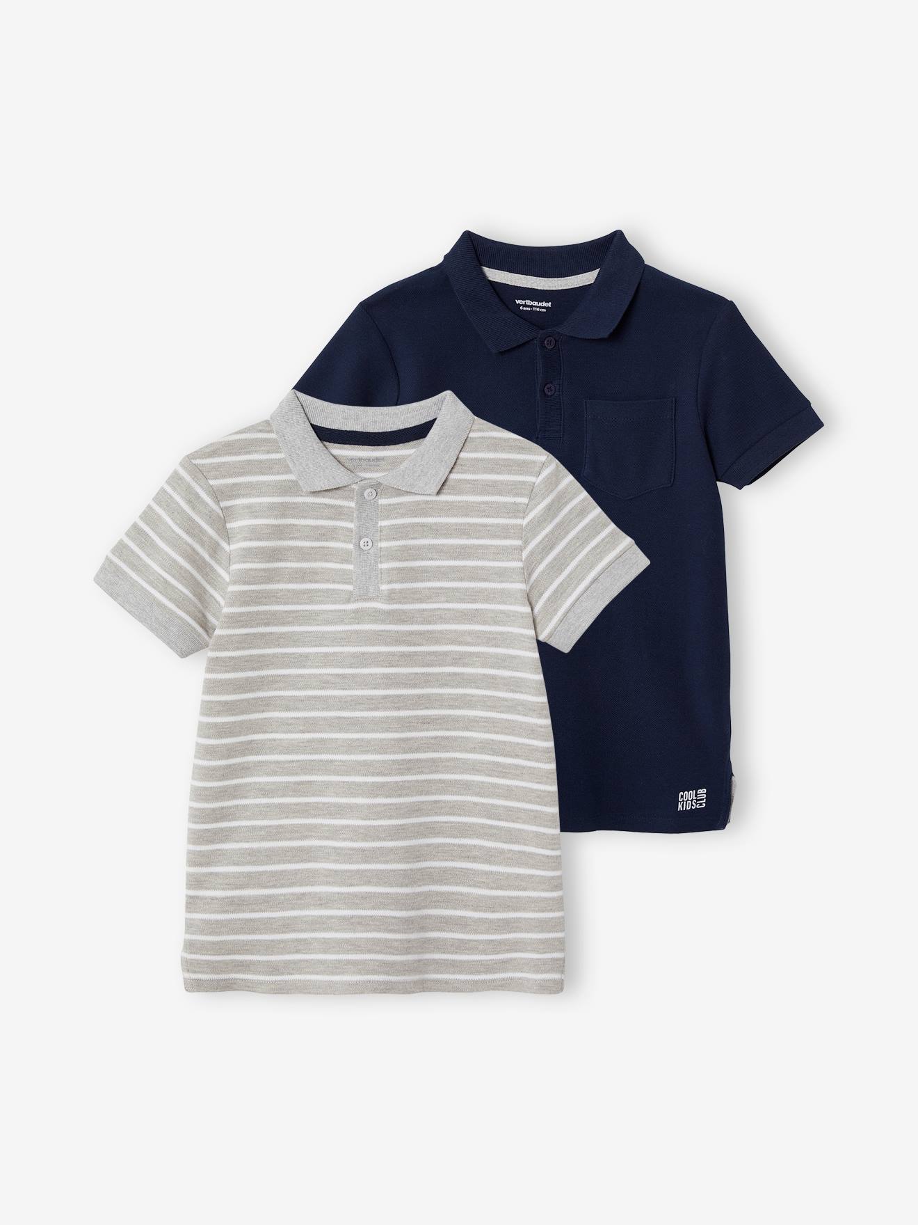 Conjunto de 2 camisas polo de malha aberta para meninos, azul escuro, bicolor/multicoloridas