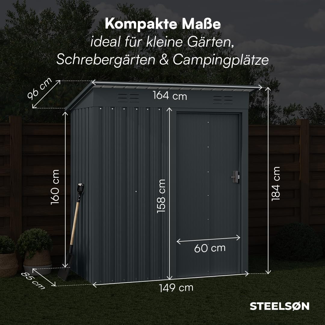 STEELSØN Talonix Gerätehaus Metall – Geräteschuppen mit Pultdach – Gartenhaus 184x85x149cm (HxTxB) – Gartenschuppen Anthrazit – Gartenhütte Zinkstahlrahmen – Gerätehütte rostfrei – Schuppen Garten