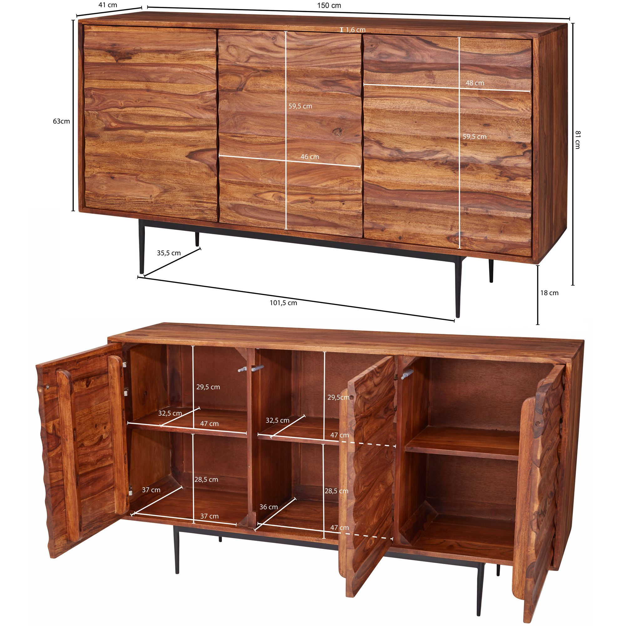 FineBuy Sideboard Sheesham Landhaus Kommode Holz Massiv Anrichte Standschrank