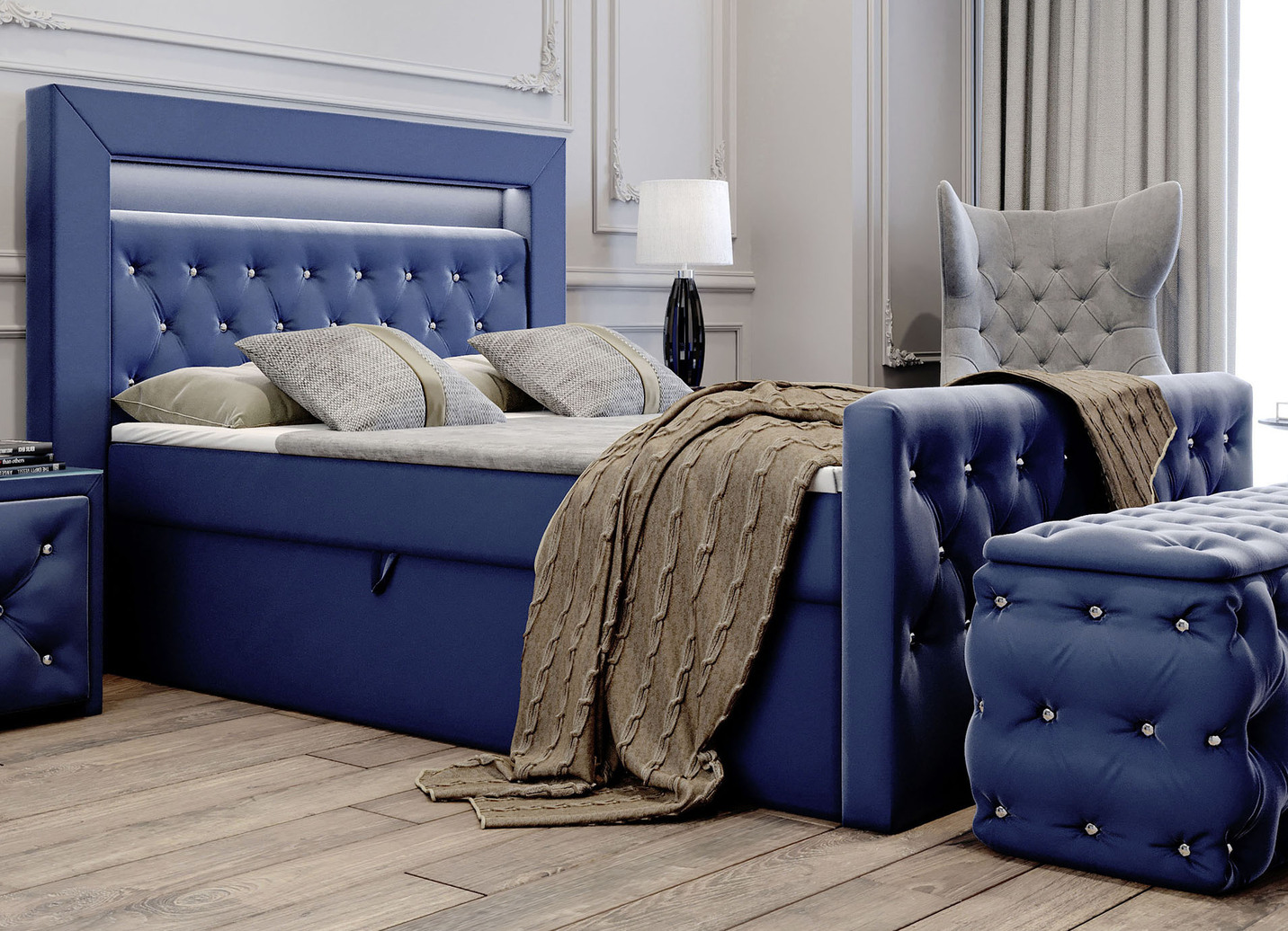 Boxspringbett mit LED-Beleuchtung und Topper