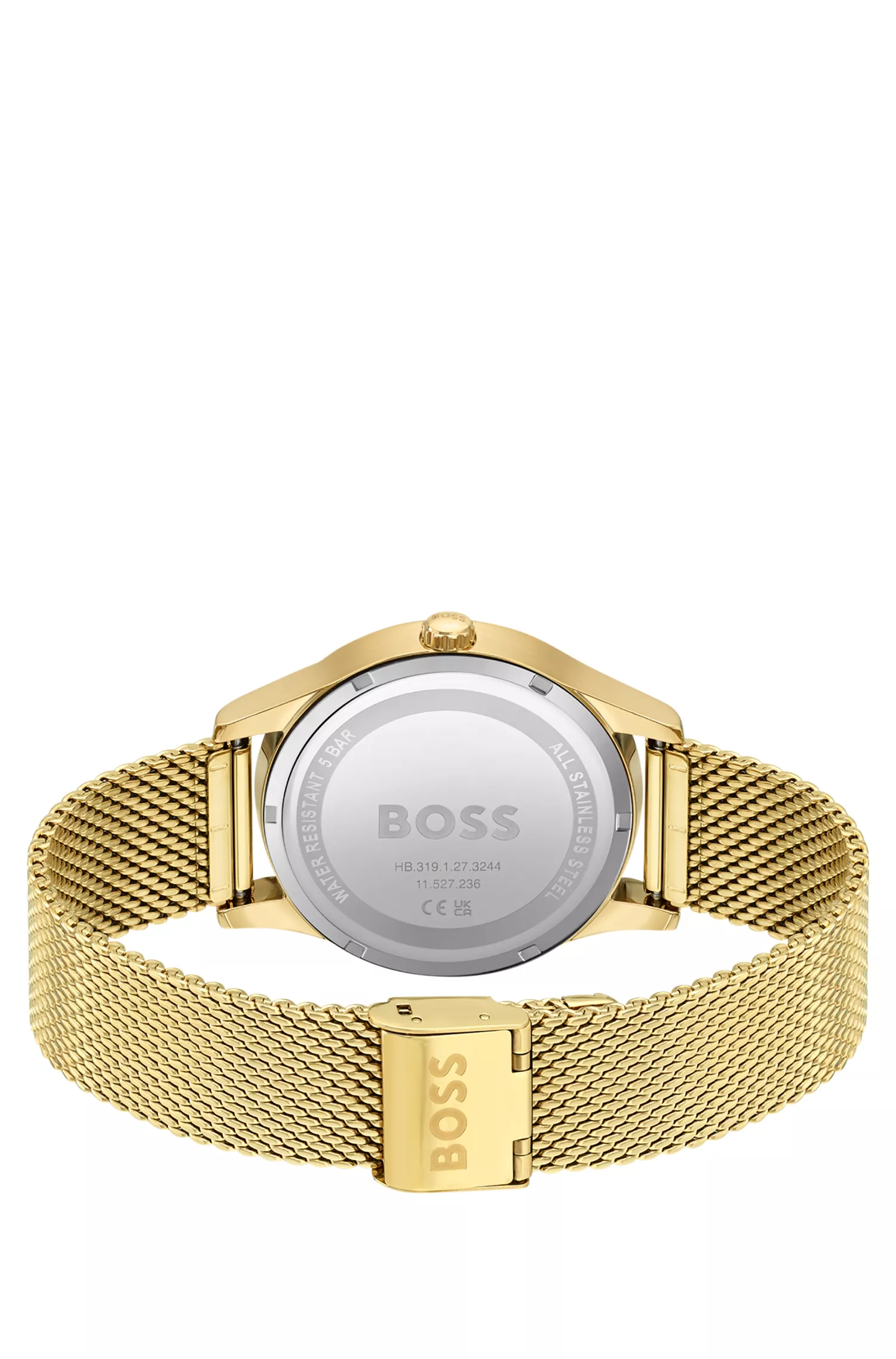 Relógio BOSS com efeito preto e dourado e mostrador tonal.