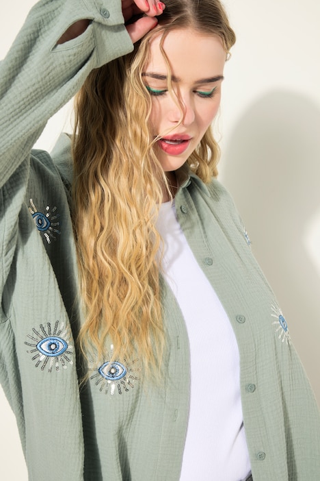 Bluse, oversized, Musselin, Augen-Stickerei, Langarm