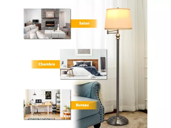 Lampadaire sur pied salon 152cm à bras oscillant 360° avec abat-jour pvc e27 socket