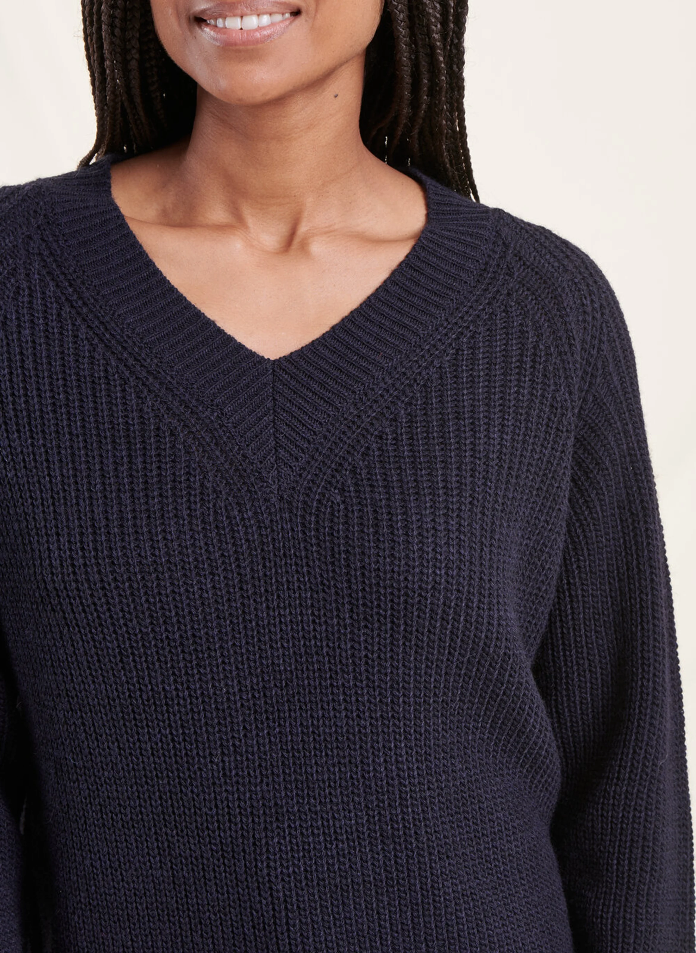 Pull droit col V en maille mélangée | Bleu