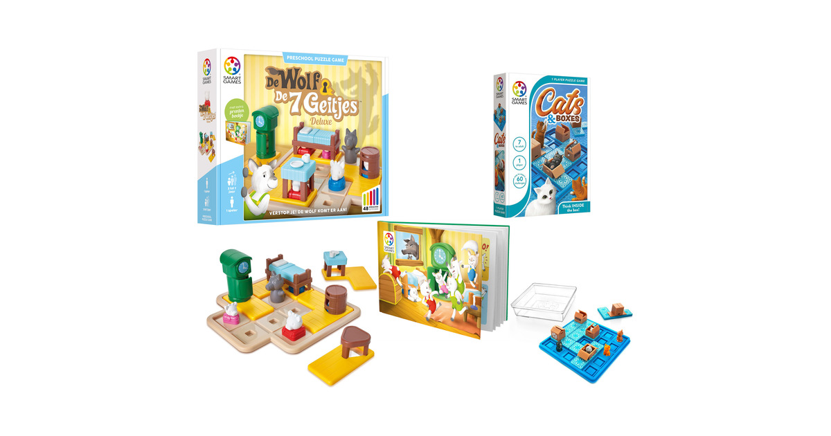 SmartGamesDe Wolf & De 7 Geitjes + Cats & Boxes Bundel Denkspel  (Nederlands, 1 speler, Vanaf 3 en 7 jaar, 48 + 60 opdrachten)
