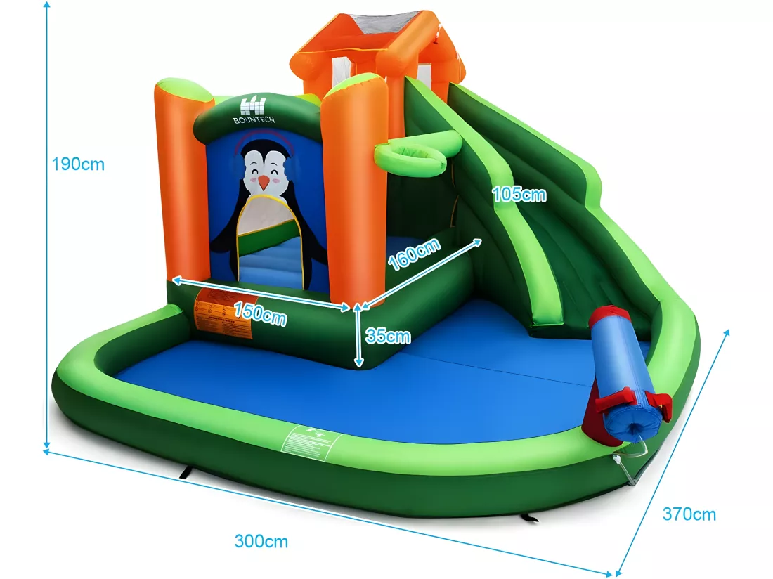 Château Gonflable avec Toboggans Aquatiques, Aire de Jeux Gonflable Piscine avec Motif de Boisgouin, Canon à Eau, Panier de Basket-Ball 3 à 10 Ans Vert Avec Souffleur 680W