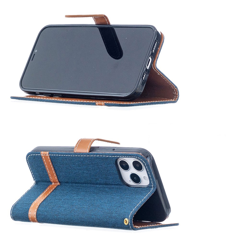 iPhone 12 / iPhone 12 Pro Stoff Tasche im Jeans Look mit Kartenfach   Magnetverschluss - Dunkelblau / Braun