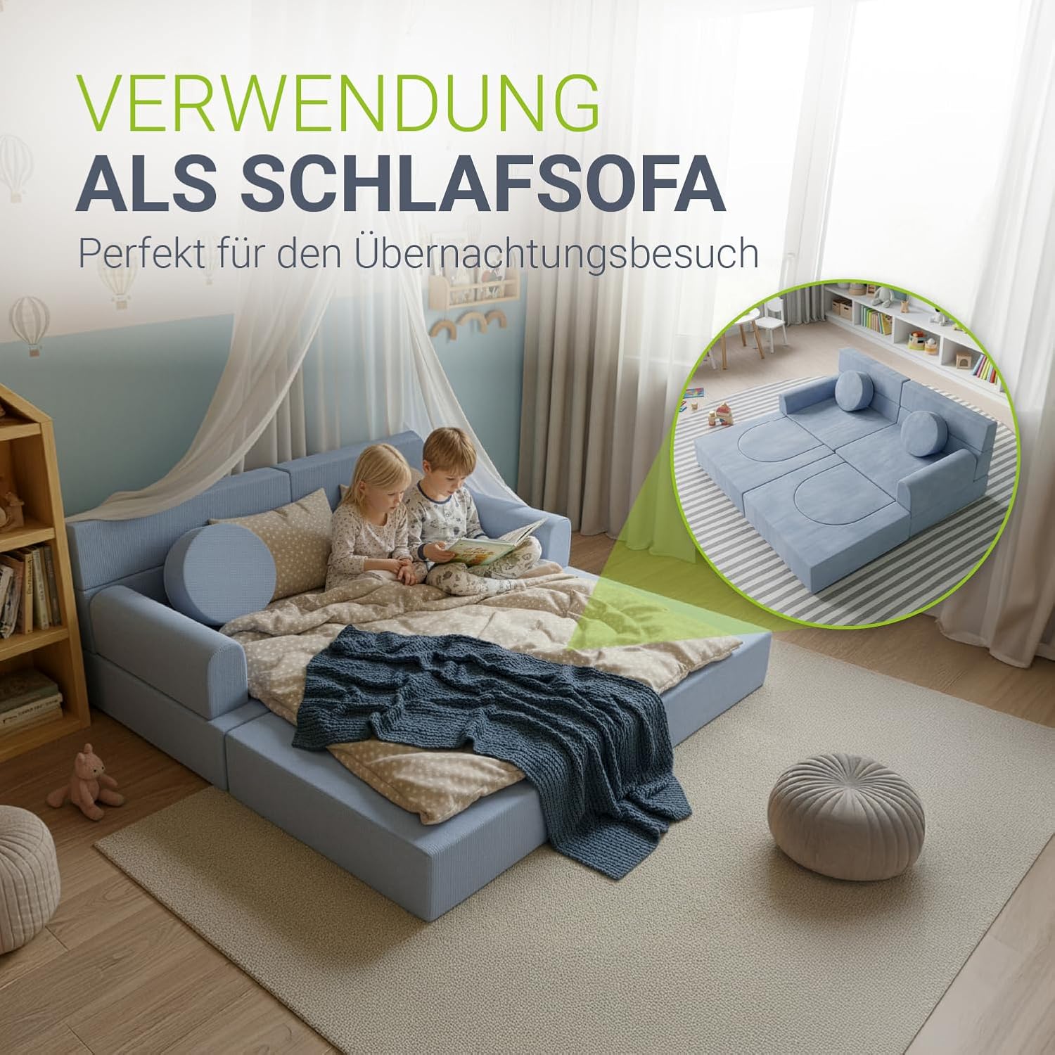 Juskys® Kindersofa Kayo - Cord, modular & weich, Sofa für Kinderzimmer & Spielzimmer, sicher, flexibel, pflegeleicht, mit abnehmbaren Bezügen – Hellblau