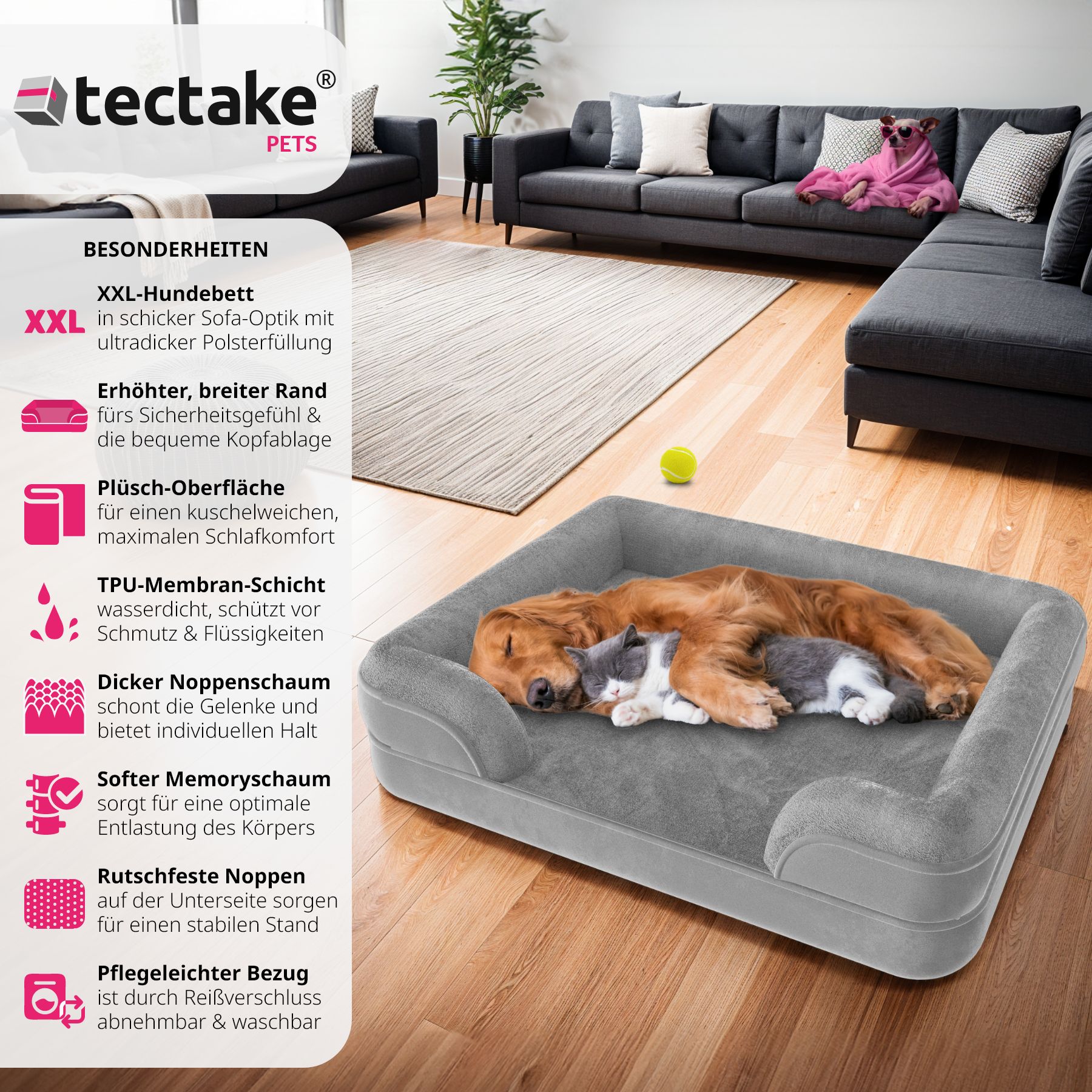 tectake® Orthopädisches Hundebett, mit abnehmbarem, wasserdichtem Plüschbezug, rutschfeste Unterseite, waschbar