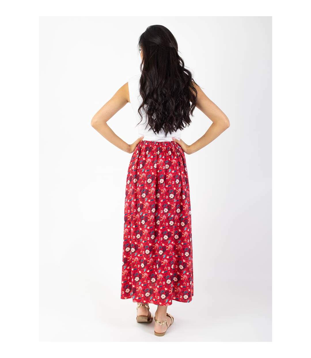 Jupe longue fendue boutonnée LIBERTY fleurie rouge Coton Du Monde