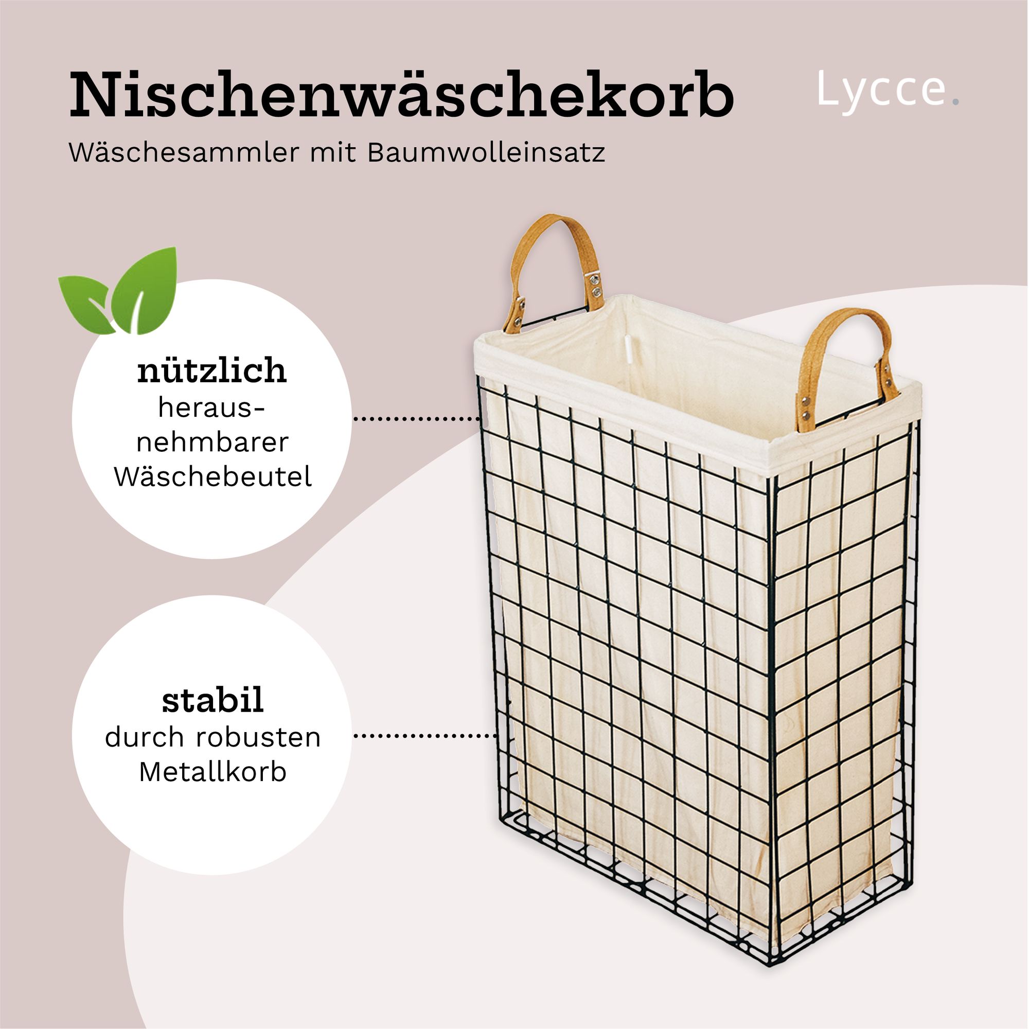 Lycce Nischenwäschekorb 58L aus Metall geflochten, zusammenklappbar