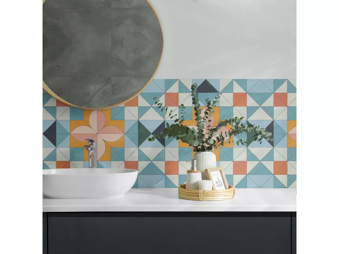 Panneaux muraux autocollants en vinyle imperméable - 4 x 50 x 50 cm - Motif géométrique avec une fleur