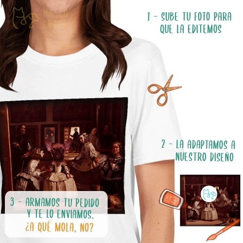 Camiseta feminina Mascochula, Las Meninas, personalizada com seu animal de estimação, preta.