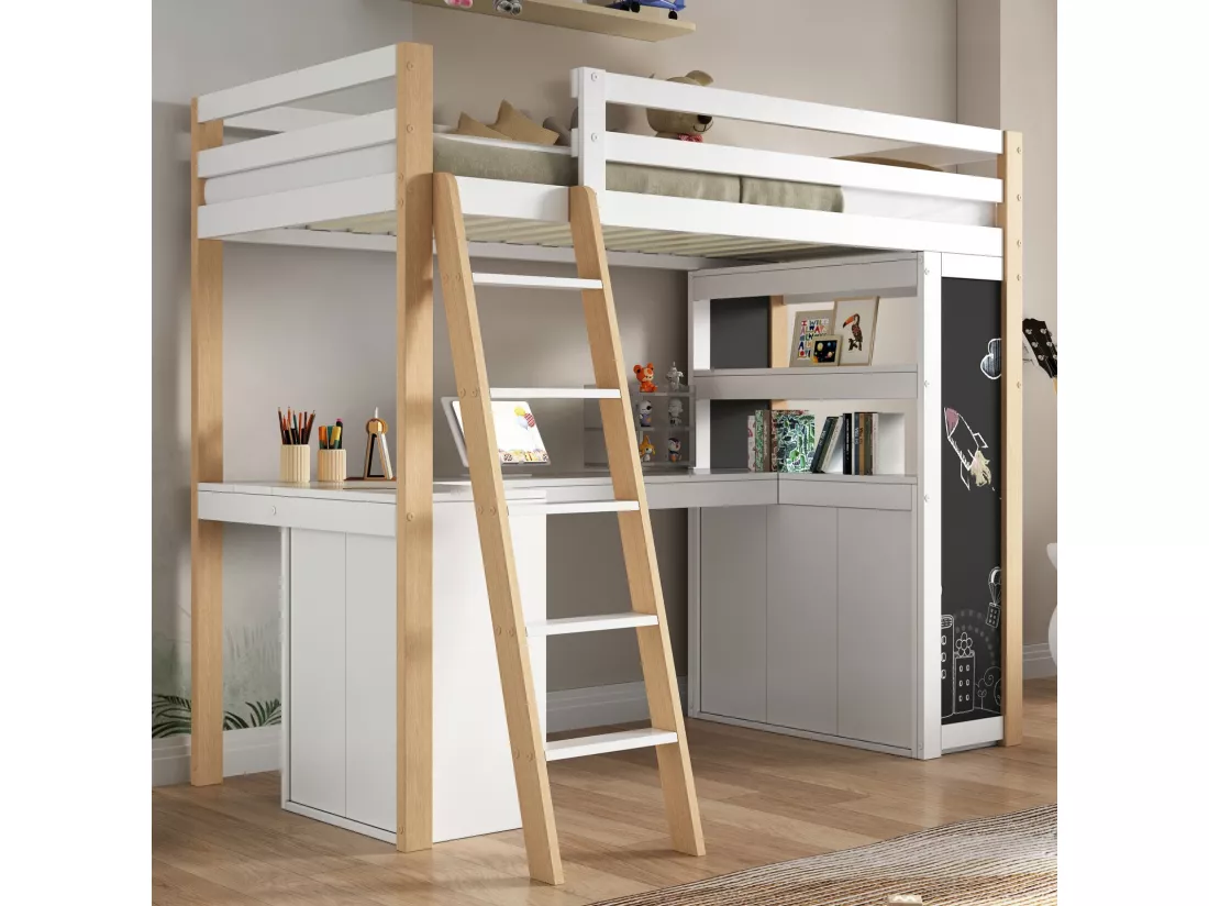 Lit mezzanine avec bureau - 90 x 200 cm - 6 grand tiroir - clôture et escalier - bois massif et MDF - Blanc