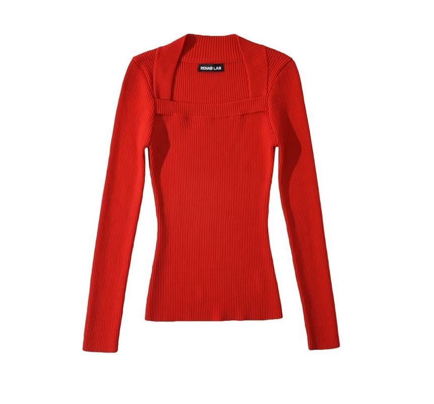 Haneliz - Lange mouwen Queen Anne-halslijn effen geribbelde slim-fit gebreide top