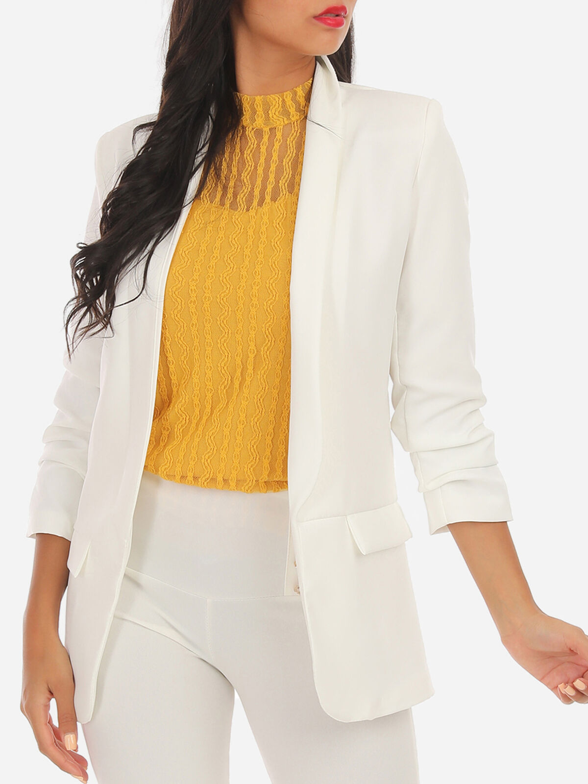 Veste blazer à manches retroussées- Blanc