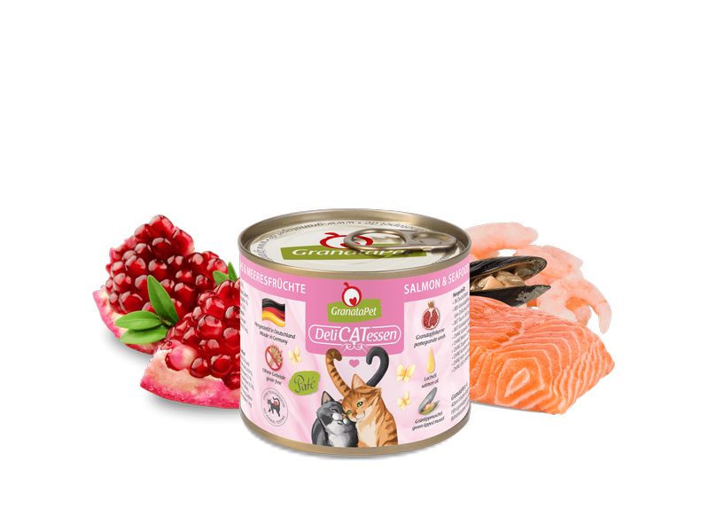 GranataPet Nassfutter DeliCATessen Lachs & Meeresfrüchte 20 Alleinfuttermittel für ausgewachsene Katzen