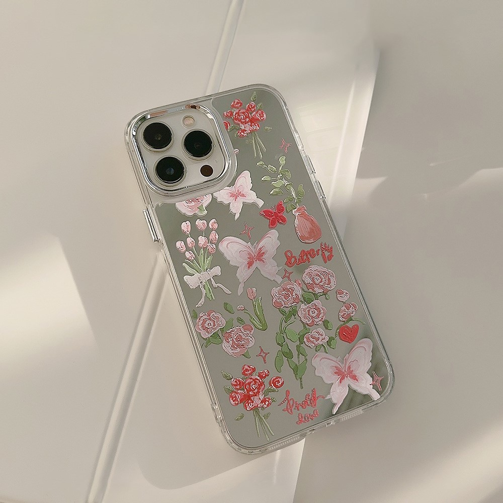 iPhone 13 Pro Galvanisierte Gummi Case Hülle mit Spiegel   Blumen Muster - Silber / Transparent