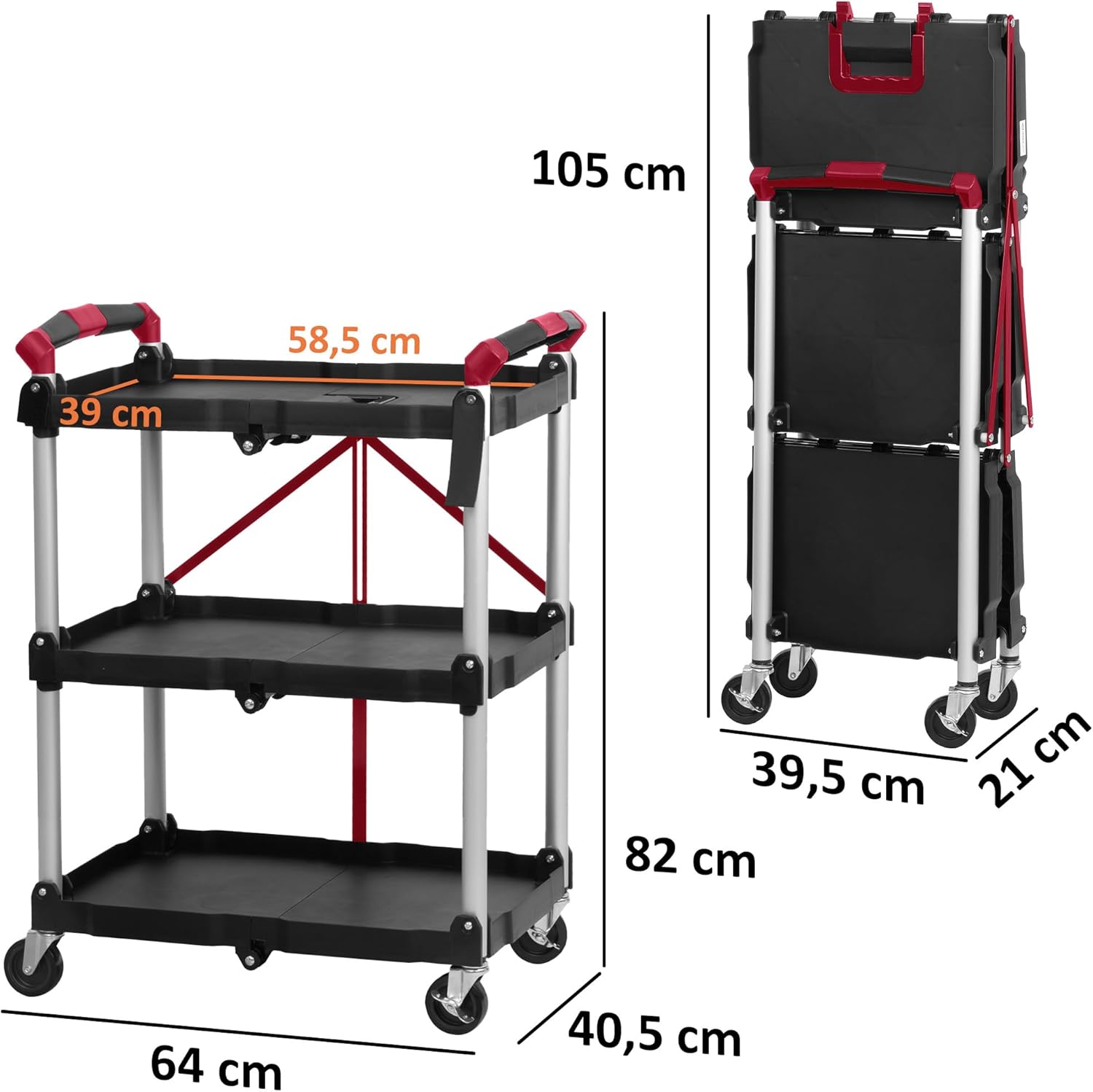 Mahlzeit Faltbarer Servierwagen mit Rollen | 64 x 40,5 x 82 cm, Bis zu 150 kg Belastbar | Rot/Schwarz | dreistufiges Faltregal, Klappregal mit 3 Etagen | Klappbares Standregal, Klappbares Regal