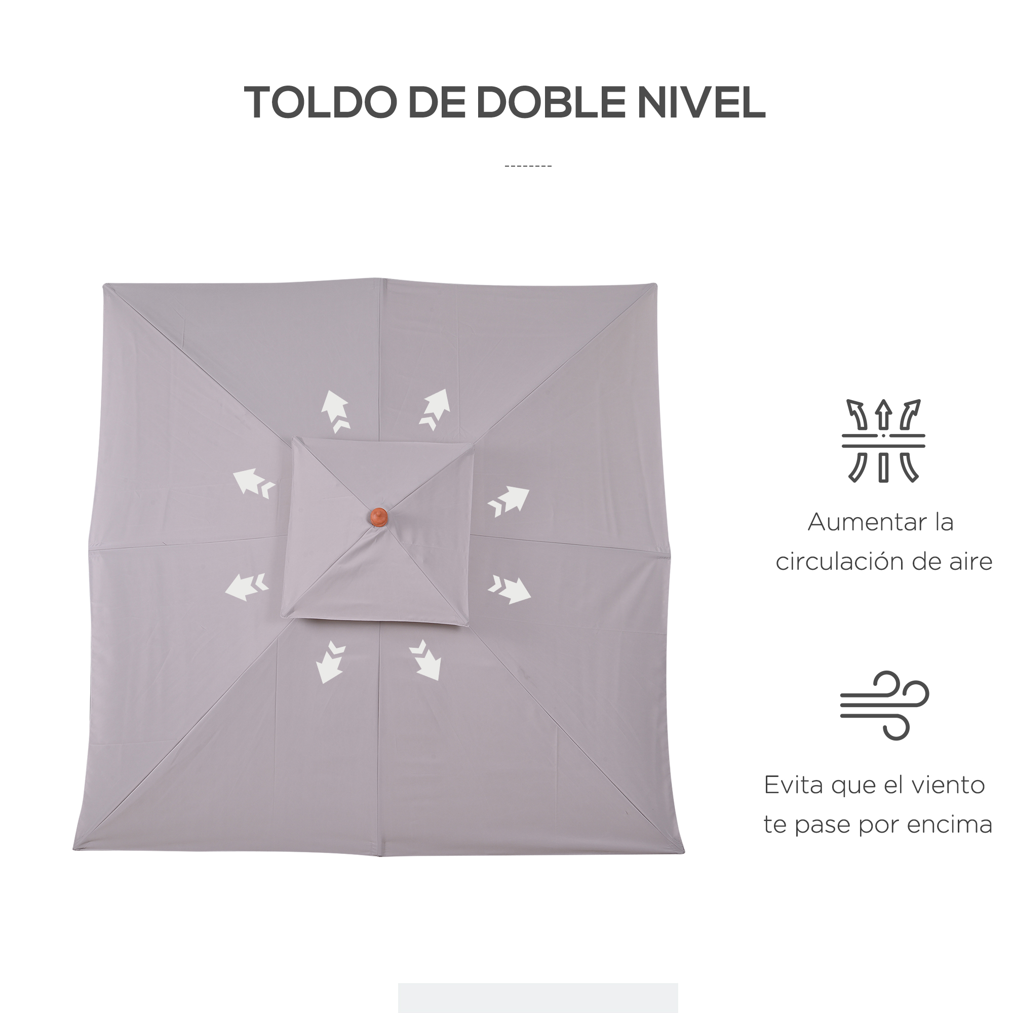 Guarda-sol de bambu Outsunny 3x3x3 m com cobertura dupla, sistema de polias à prova d'água para terraço e varanda, cinza.