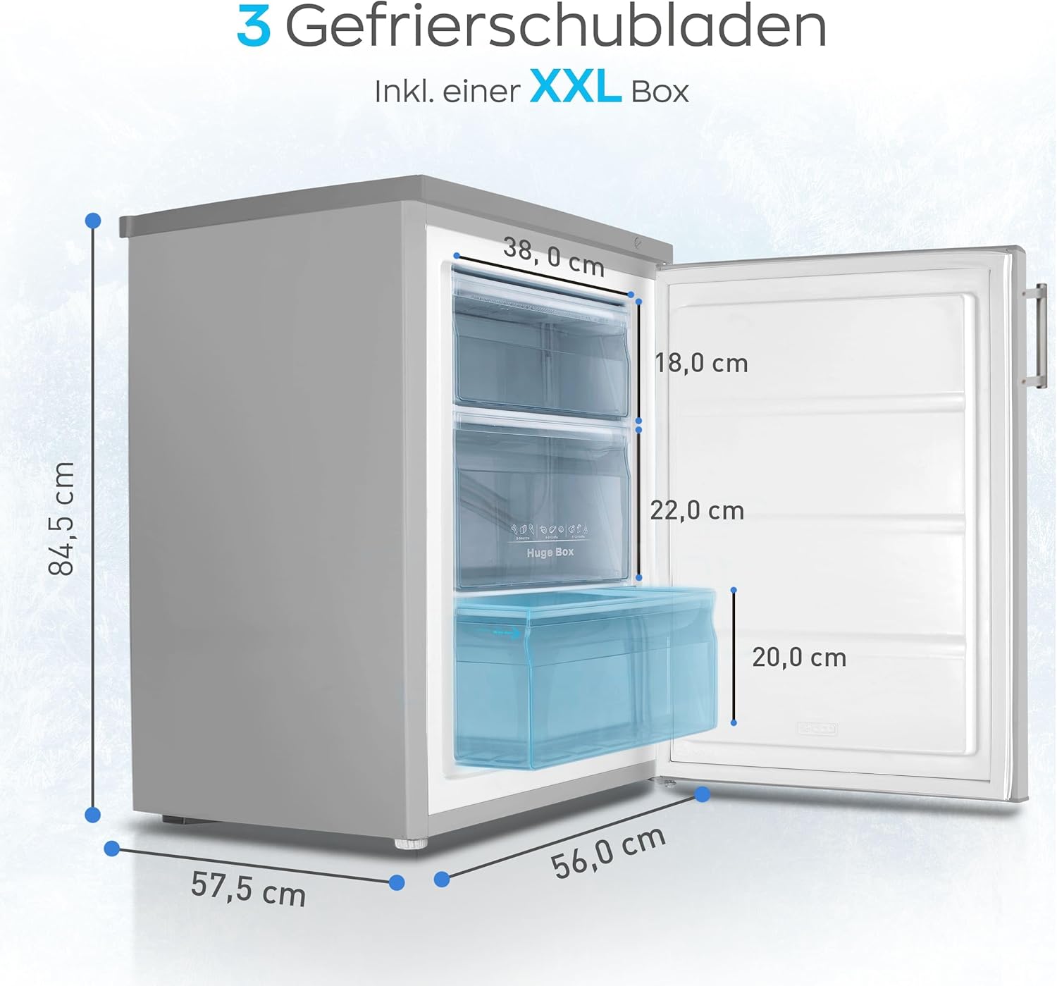 Heinrich´s Gefrierschrank, Mini, Temperatur:-18°C~-38°C, Freezer, 3x Gefrierschublade, Stufenloser Temperaturregler,Airflow, wechselbarer Türanschlag, 85 Liter Nutzinhalt, inox