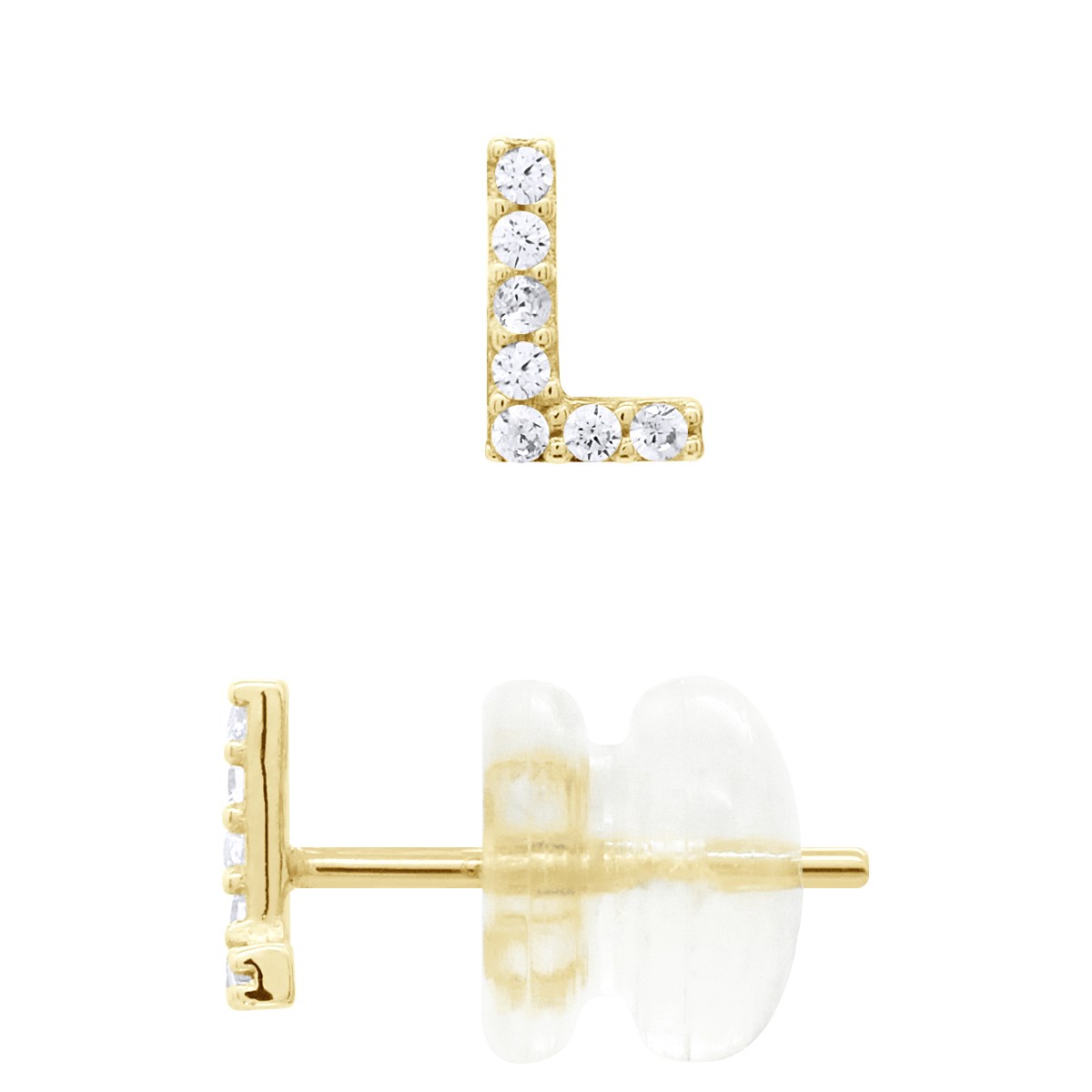 Boucles d'Oreilles Puces - Initiale Lettre L Serties d'Oxydes de Zirconiums - Or Jaune