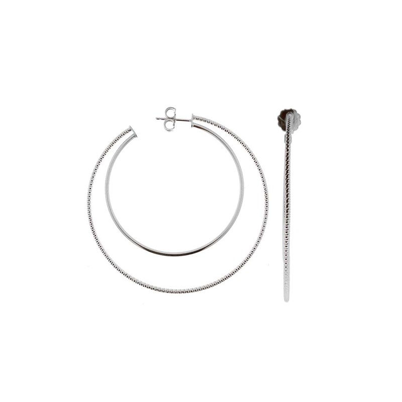 Boucles D Oreilles Créoles Deux Anneaux Grand Modèle Argent Rhodié Lisse Et Diamantée Diamètre 55mm
