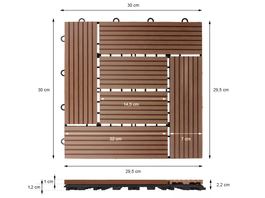 WPC carreaux de sol 30x30 cm 3m² mosaïque pour jardin piscine patio marron clair