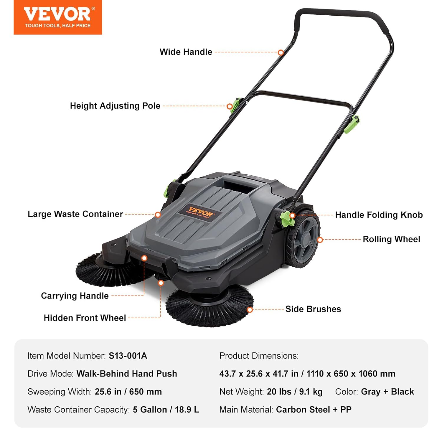 VEVOR Bodenkehrmaschine, mechanischer Kehrbesen mit 65 cm Kehrbreite, nicht elektrischer Handbesen, Abfallbehälter 18,9 L, klappbarer Griff mit einstellbarem Winkel und Höhe für Einfahrt und Hof