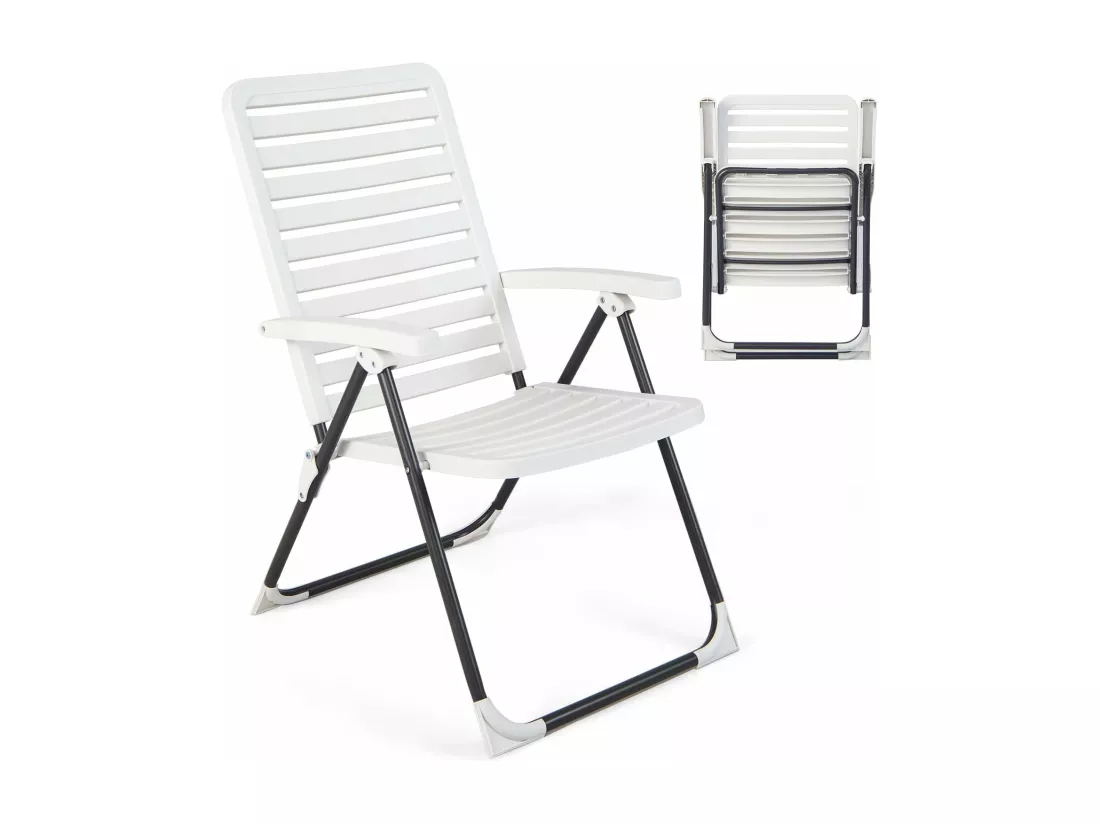 Chaise de Jardin Extérieur à Dossier Réglable 7 Niveaux, Chaise Pliante CamBoisg Inclinable Portable Cadre Métal, Fauteuil Jardin Extérieur pour Terrasse Piscine Cour, Charge 120 KG, Blanc, 1 Pièce