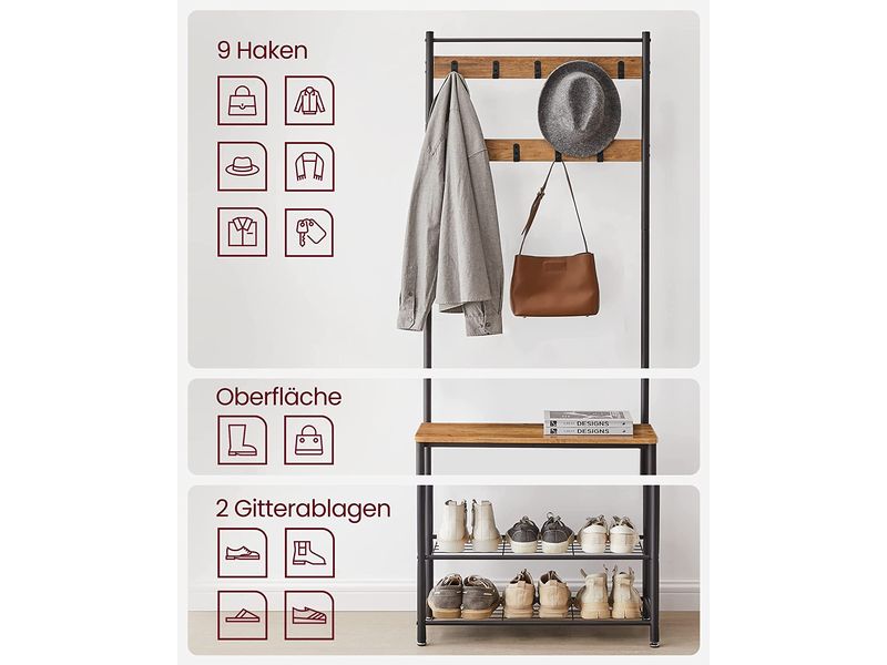 VASAGLE Garderobe mit Schuhregal 32 cm x 175 cm, Braun/Schw Kleiderständer mit Sitzbank