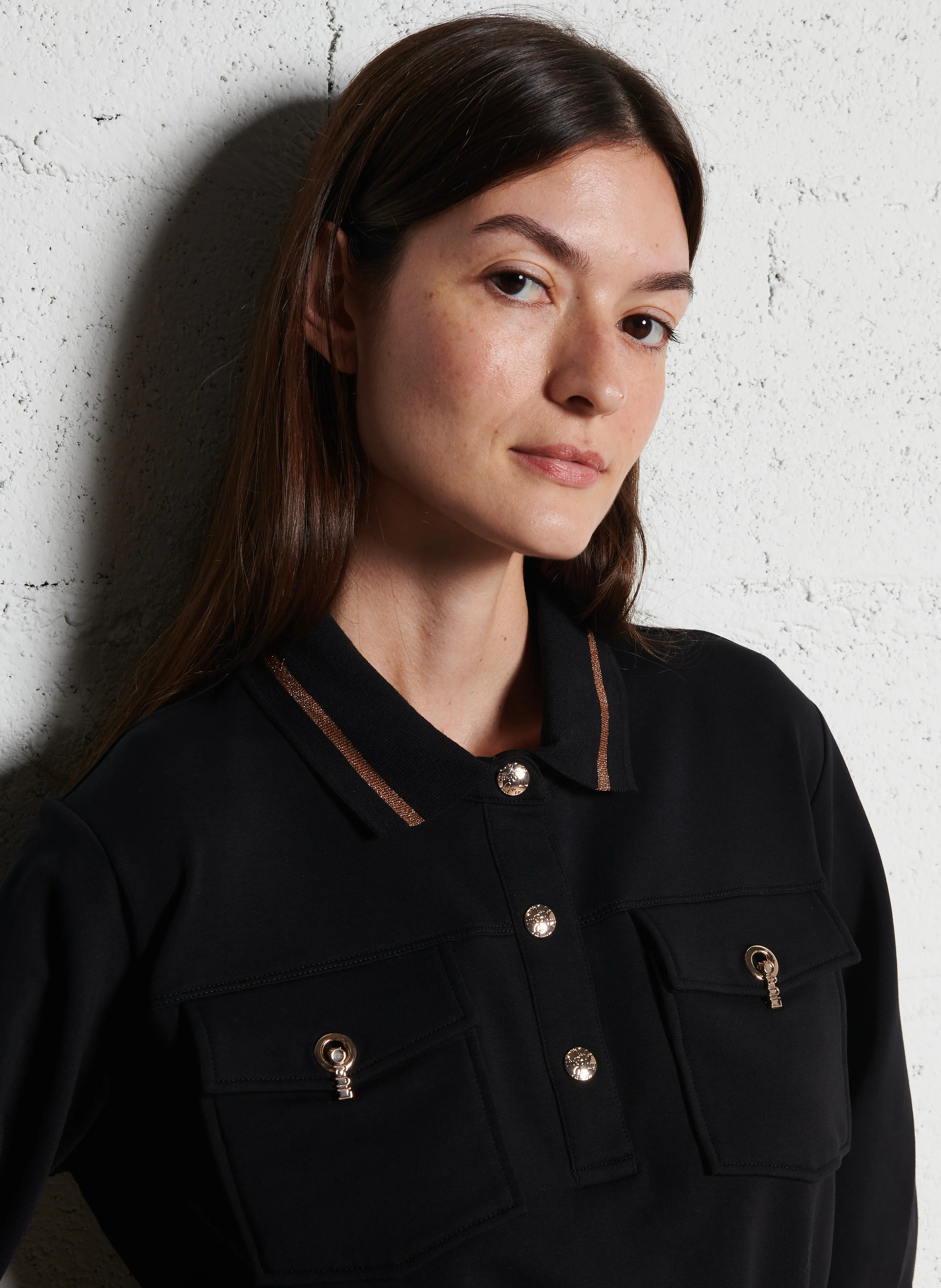 Robe courte col classique en coton mélangé | Noir