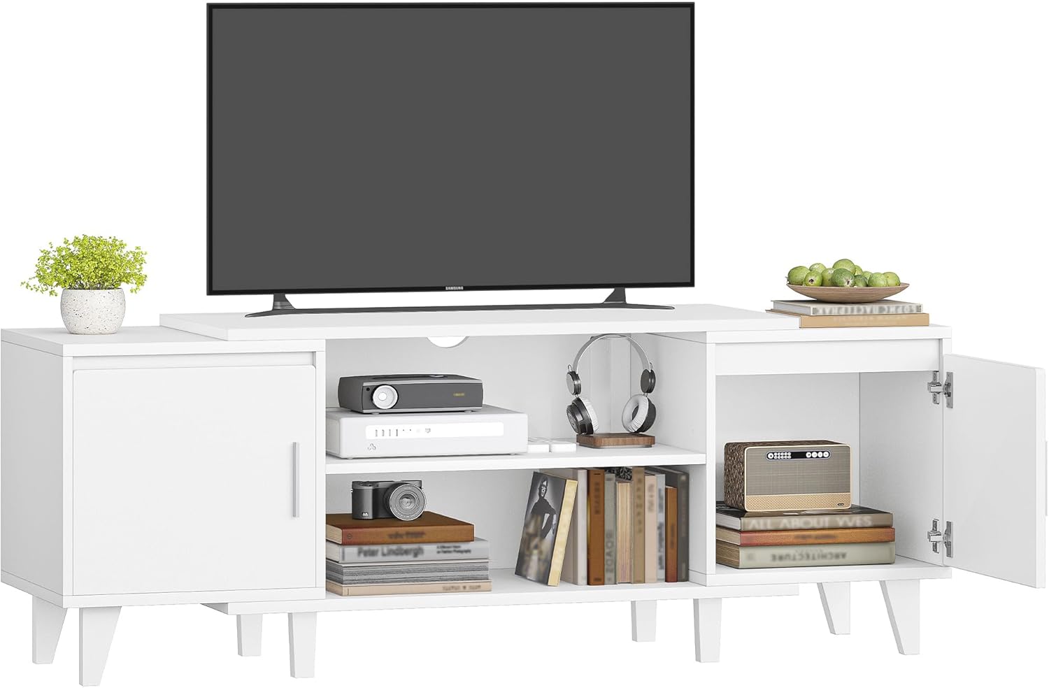 Hzuaneri TV- Schrank, Fernsehschrank, für TV-Geräte unter 60 Zoll, TV-Ständer mit 2 Schränken und 2 Freiflächen, 140 x 40 x 51,5 cm, für Wohnzimmer, Schlafzimmer, Esszimmer, Weiß TV16703E