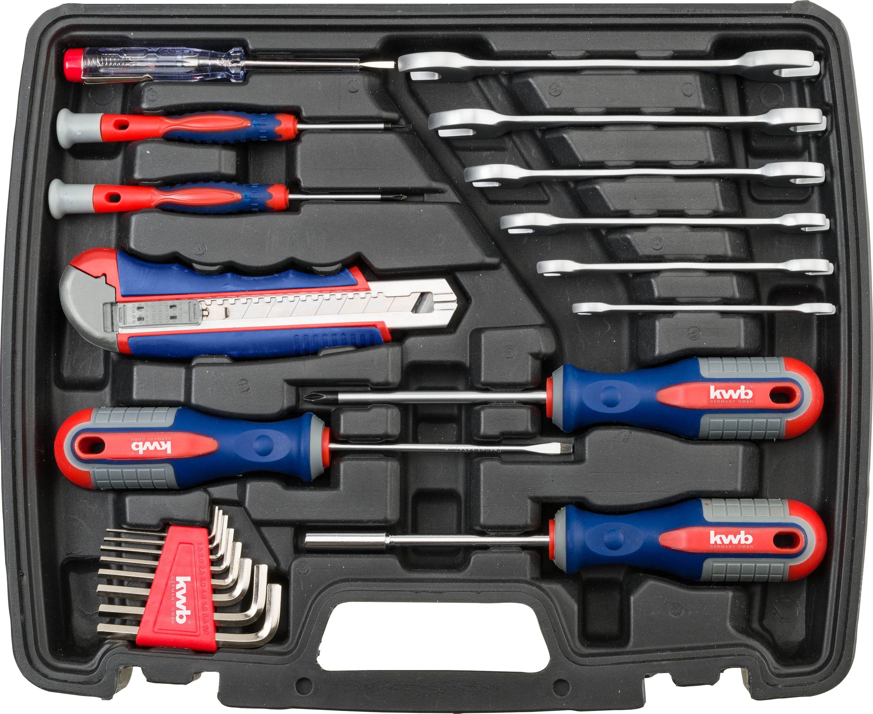 kwb Werkzeug-Koffer inkl. Schrauber-Bits, 42-teilig, gefüllt, robust und hochwertig, ideal für den Haushalt o. die Garage, GS geprüft, im praktischen Kunststoffkoffer, Rot, Blau, Grau