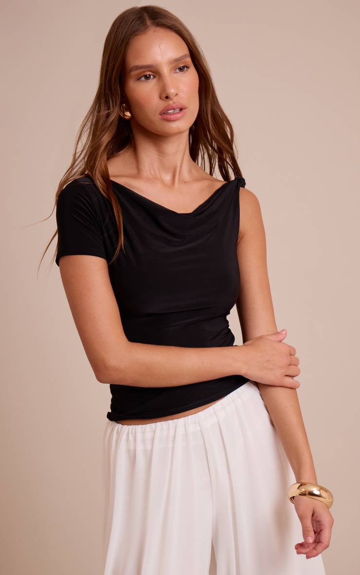 Noir Haut Long Asymétrique Double Couche En Tissu Slinky Avec Détail Nœud