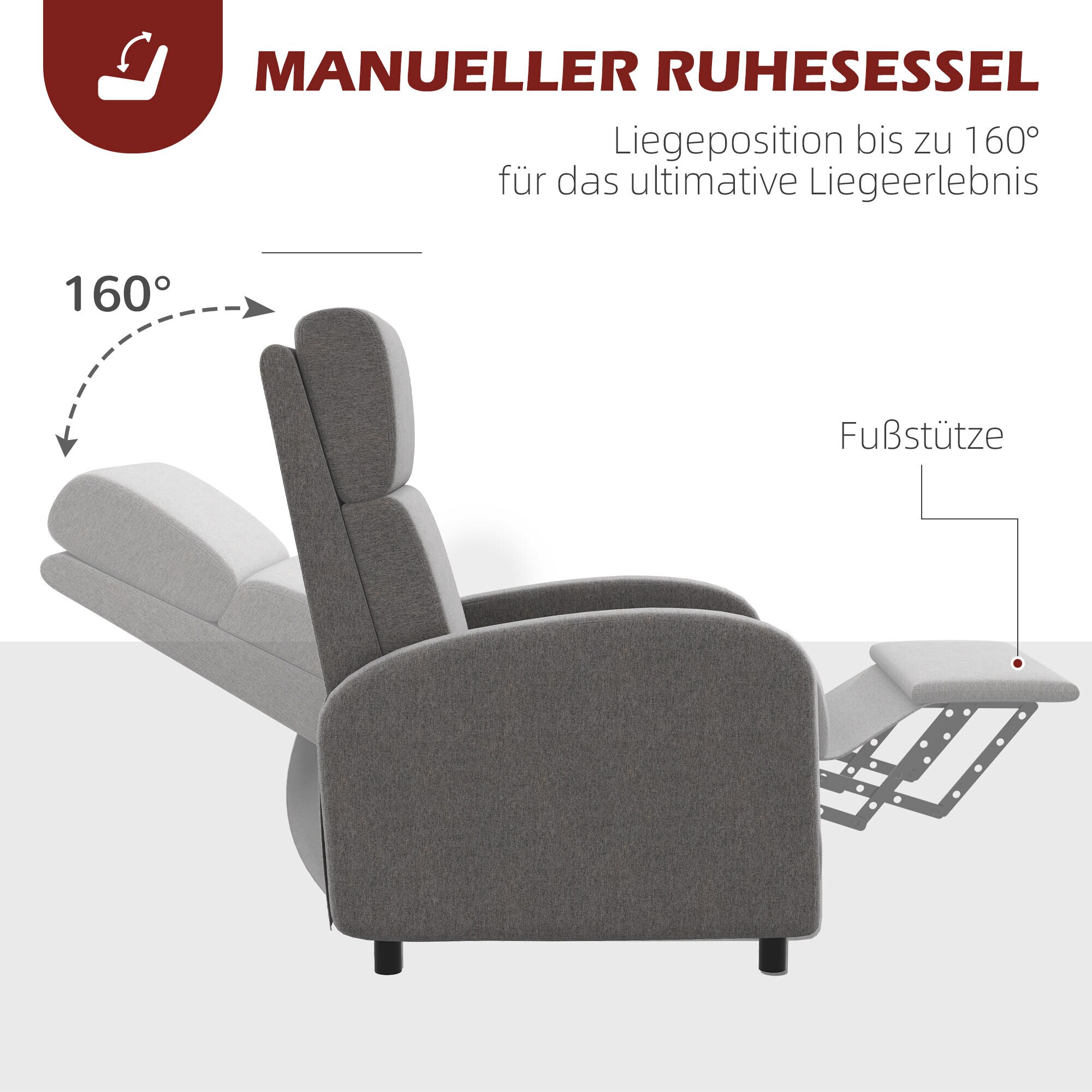 HOMCOM Relaxsessel mit Fußstütze grau 64L x 86B x 102H cm