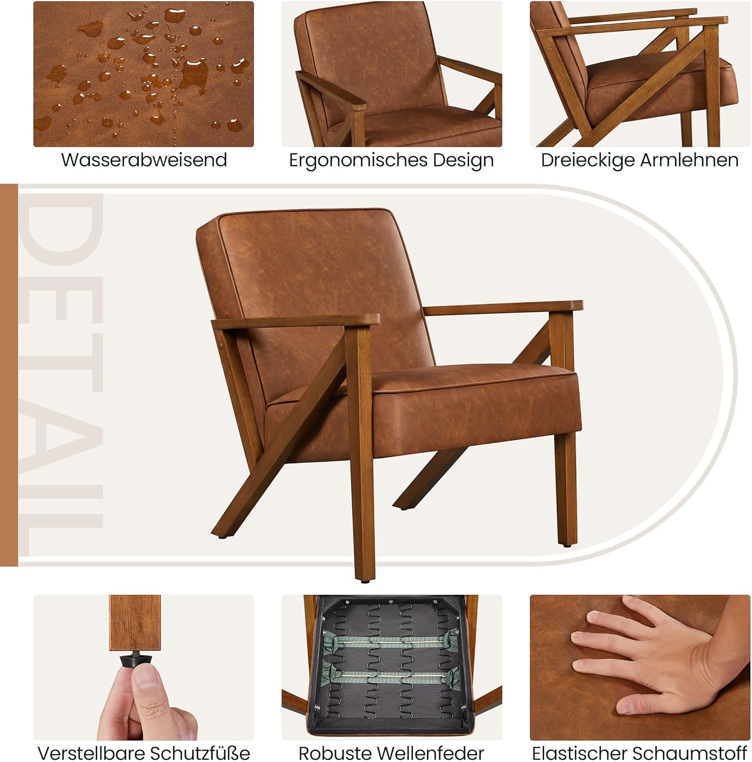 Yaheetech Loungesessel Sessel Vintage Relaxsessel Kunstleder mit Massivholzbeinen Einzelsofa für Wohnzimmer/Schlafzimmer/Empfangsbereich Hellbraun
