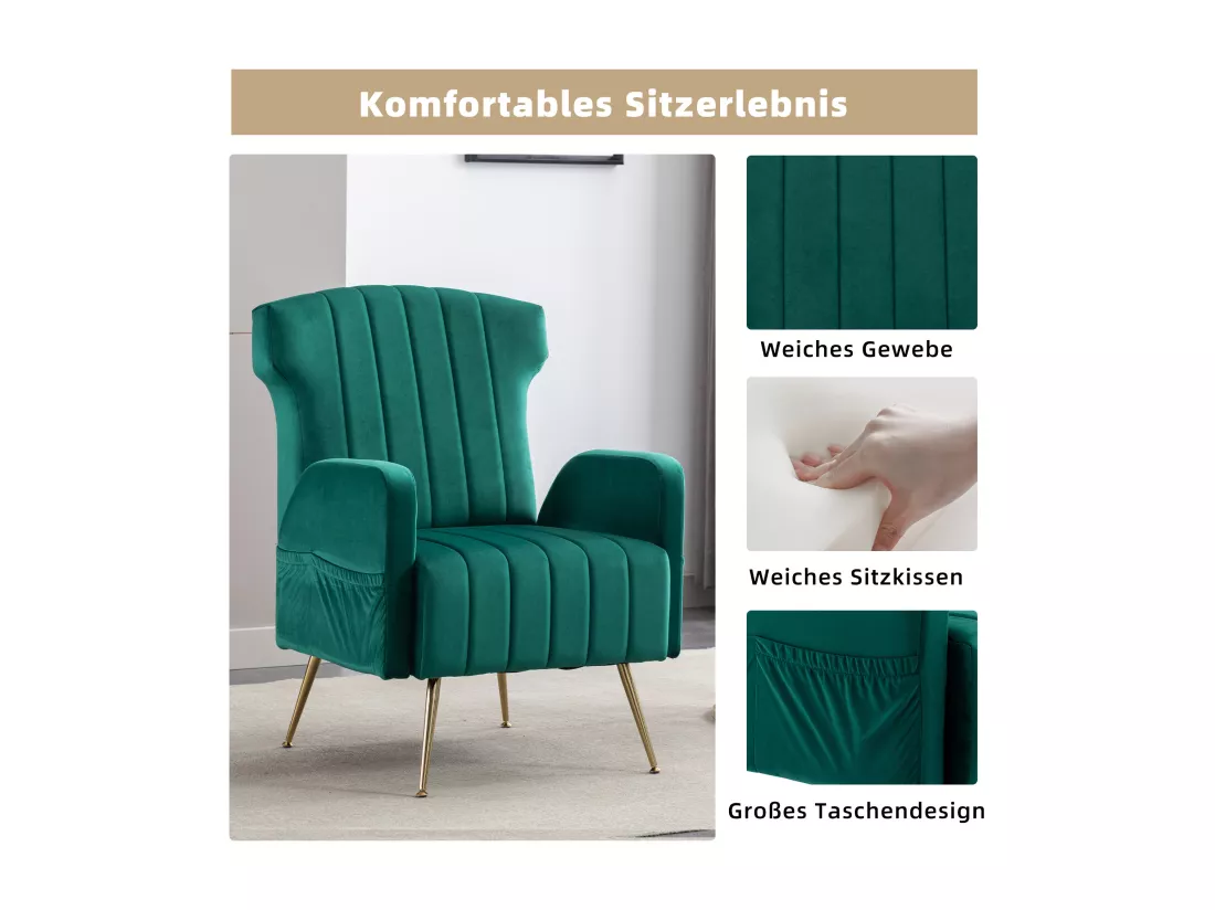 Chaise Décorative En Velours，pieds Métalliques Dorés，fauteuil Confortable，haut Dossier