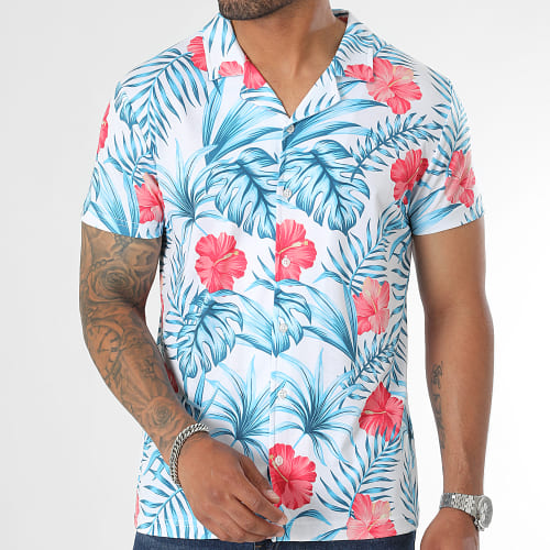 Chemise Manches Courtes Imprimé Tropical 2977 Blanc Bleu