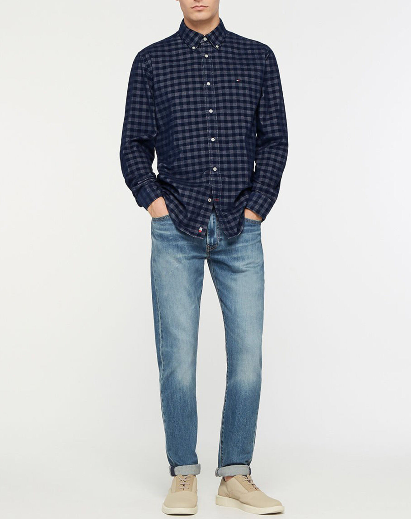 Tommy Hilfiger Chemise Regular 100% Coton Bio Velours Corduroy Gingham à carreaux bleu/gris