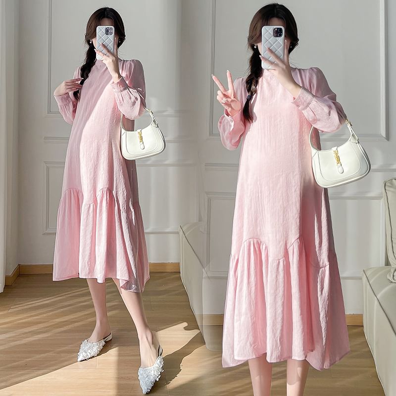 NOA - Zwangerschapsjurk met pofmouwen en mockneck, effen midi-smokjurk