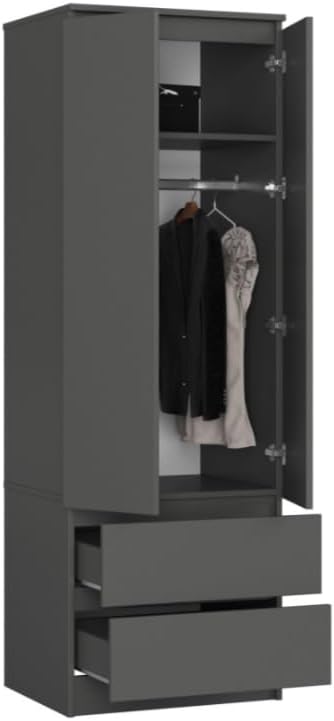 BDW Kleiderschrank mit 2 Türen, 2-türiger Kleiderschrank, 2 Schubladen - Aufbewahrungsschrank - Moderner Schrank für Schlafzimmer, Wohnzimmer, Flur, Kinderzimmer - 180x60x51cm - Graphit Grau
